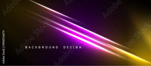 Abstract design features vibrant light streaks. Purple, yellow hues blend against dark backdrop. Modern, dynamic visual presentation.