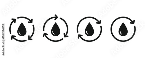 Water recycling icon set. Water cycle sign. Liquid or oil recycle icon. Water filtration icon. Water drops and circle arrow symbol