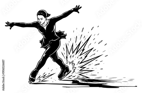Graceful female figure skater performing a move on ice in woodcut illustration style