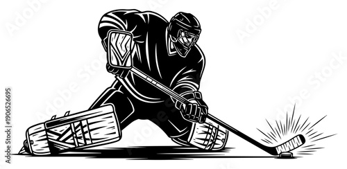 Professional ice hockey goalie in full gear making a save in woodcut style