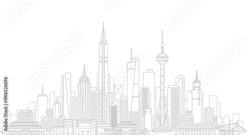 Detailed black and white outline drawing showcasing a vast, modern city skyline featuring iconic skyscrapers and famous architectural landmarks from around the world.