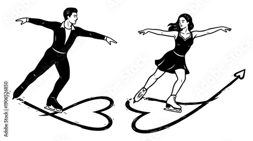 Romantic couple of figure skaters drawing hearts on ice with their skates in black and white vector style