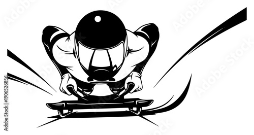 High speed skeleton athlete sliding headfirst down an icy track in dynamic black and white vector illustration