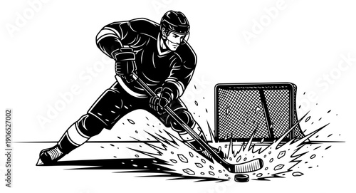 Professional ice hockey player taking a powerful slap shot towards the goal