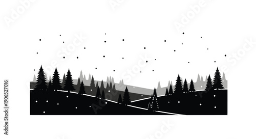 Silhouetted forest landscape with falling snow under a starry night sky