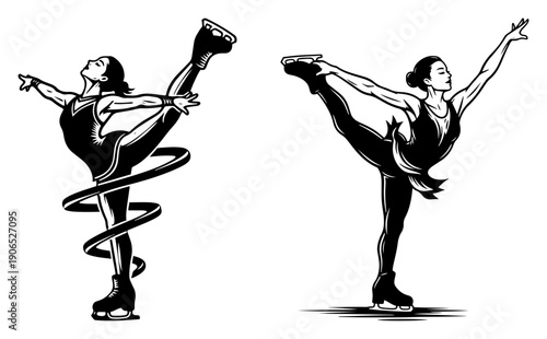 Elegant female figure skaters performing graceful moves and artistic spins on ice