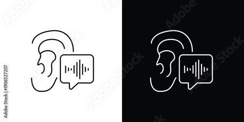 Single icon of audio waves in a speech bubble next to a human ear, representing sound and communication