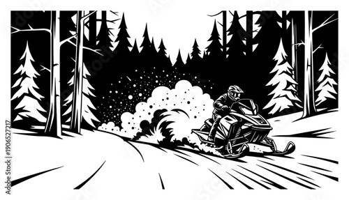 Powerful snowmobile riding through a deep snow forest path in artistic black and white vector illustration
