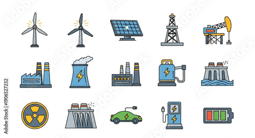 Collection of renewable and traditional energy sources icons.