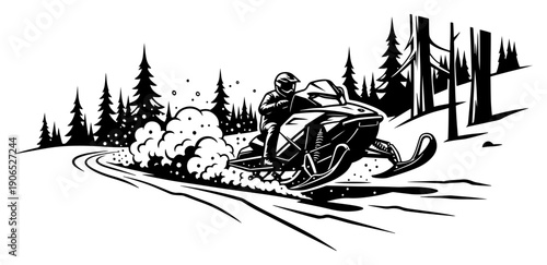 Professional snowmobile rider performing a sharp turn on a snowy mountain trail black and white vector graphic