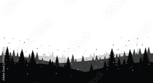 Silhouetted forest landscape with a vast bright sky and falling snow
