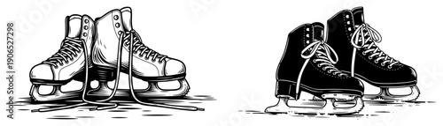 Pair of white and black classic ice skates for figure skating and hockey in vintage black and white vector style