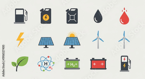 Collection of renewable energy and fuel icons.