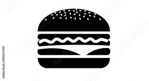 A classic black silhouette of a delicious hamburger with a bun, patty, cheese, and lettuce, symbolizing fast food, dining, and culinary enjoyment.