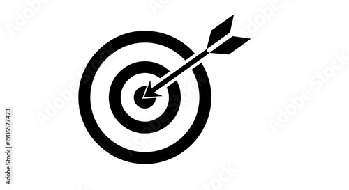 A striking black and white icon featuring an arrow precisely hitting the bullseye of a concentric target, symbolizing achievement and success.