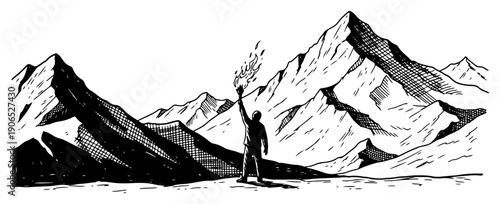 Adventurer holding a burning torch in a majestic snowy mountain landscape