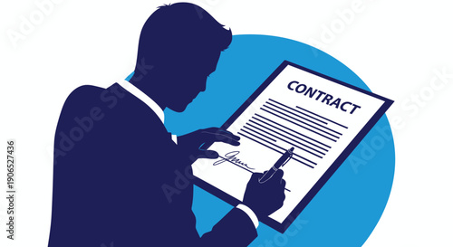 A businessman reviewing and signing a contract with a pen