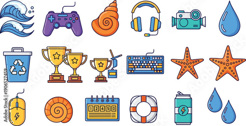 Summer icons, gaming controller, headset, camera, water drops, recycle bin, trophies, starfish, keyboard, mouse, energy drink, vector set