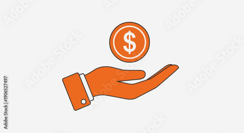 A simplified orange outlined hand gently presenting a single dollar coin, symbolizing financial transactions, savings, and monetary exchange in a clear, illustrative manner.