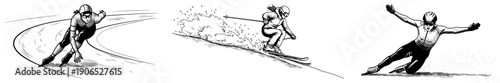 Set of hand drawn winter sports illustrations featuring speed skaters and a downhill skier