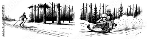 Professional cross country skier and snowmobile rider in a winter forest landscape black and white vector