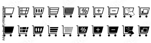 Shopping cart set. Black and white design. Add and buy.