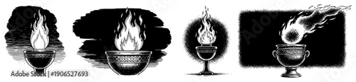 Set of burning ritual torches and ceremonial flames in artistic black and white woodcut vector style