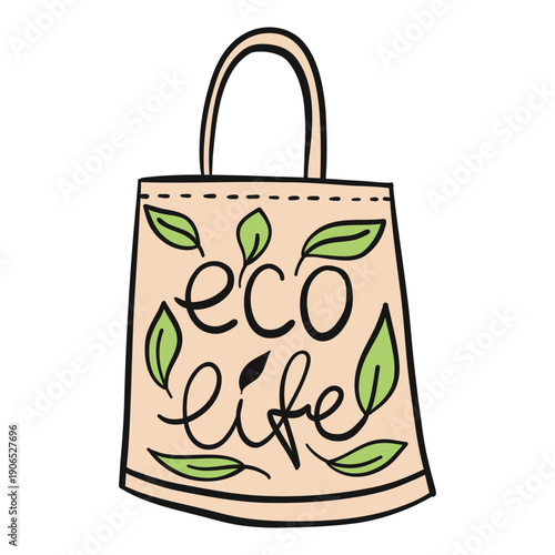 Hand-drawn doodle vector reusable tote bag with leafy illustrations and text eco life on white background. harmony between daily shopping habits and environmental care