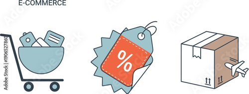 Simplified icon set illustrating the core components of modern e-commerce including shopping cart discount pricing and global shipping logistics