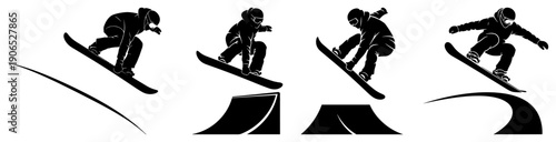 Minimalist black silhouettes of snowboarders performing extreme jumps and stunts in a snow park