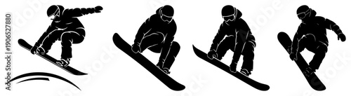 Silhouette collection of professional snowboarders performing active winter sports jumps and maneuvers in vector style