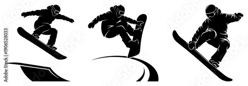 Black and white vector silhouette set of professional snowboarders performing extreme jumps and tricks in the air