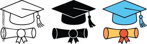 Multiple Graphic Styles for Graduation Caps and Diplomas, vector, illustration, silhouette