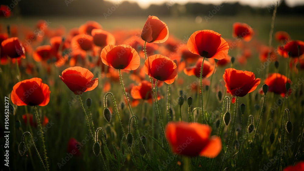 Fototapeta premium A vibrant field of red poppies blooming under the clear blue sky.