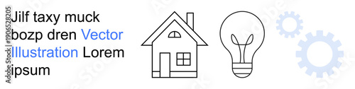 Home energy, technology systems, innovation, problem-solving, creativity, mechanism. Outline of a house, a light bulb and gears in minimalist design. Home energy and technology systems concept