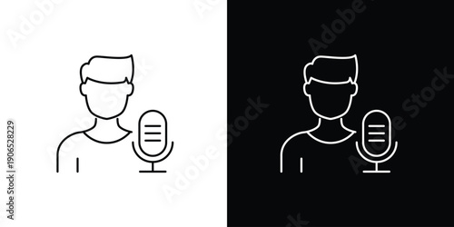 Minimalist line icon depicting a person with a microphone, symbolizing podcast creation, voice recording, live broadcasting, and digital communication