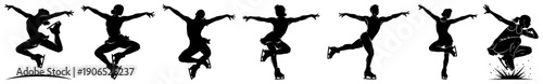 Set of figure skating silhouettes showing female athletes performing various jumps and graceful poses on ice