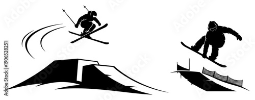 Professional skier and snowboarder performing extreme jumps in the mountains silhouette vector illustration