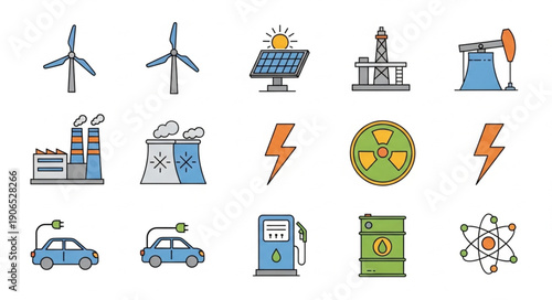 Collection of renewable and non-renewable energy icons and symbols.