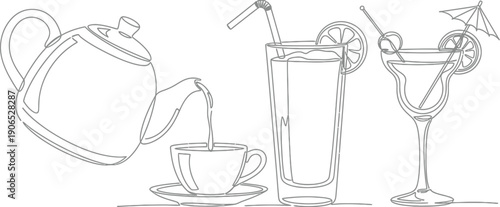 Minimalist continuous line drawing illustrates various beverage vessels including a teapot pouring into a teacup alongside tall and cocktail glasses