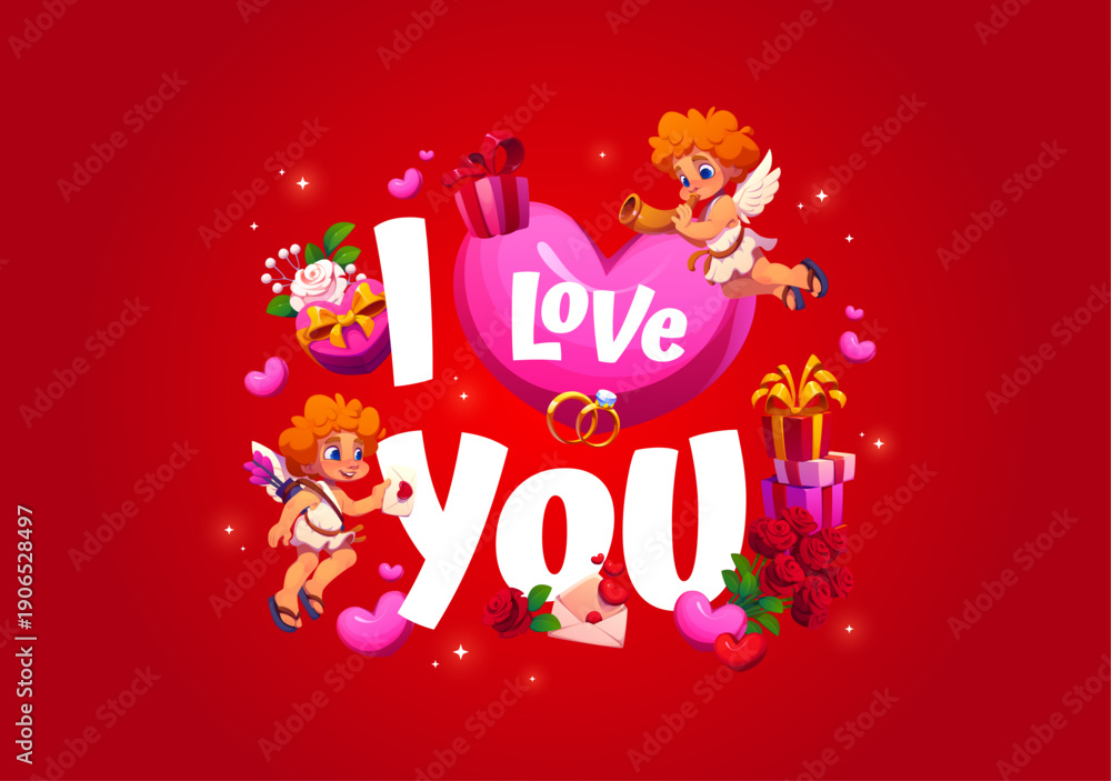 Naklejka premium Valentine greetings card with I love you quote, Cupids and heart, vector typography. Cartoon Valentine card love holiday gifts, flowers and Cupid cherub angels characters with romantic quote phrase