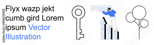 Digital marketing, business strategy, data search, security, creativity, design concepts. Key symbol, a person searching with a magnifying glass and a minimalist tree illustration. Data search