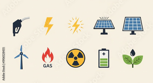 Collection of renewable and non-renewable energy source icons.
