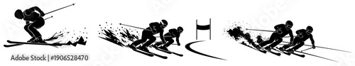Professional alpine skiers racing down mountain slope in winter sports competition silhouette vector