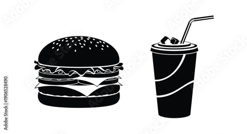A monochrome illustration of a cheeseburger and a soda with a straw