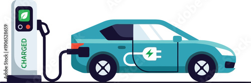 Electric Car at Charging Station: An electric vehicle, connected to a charging station, showcasing the future of transportation and environmental consciousness.