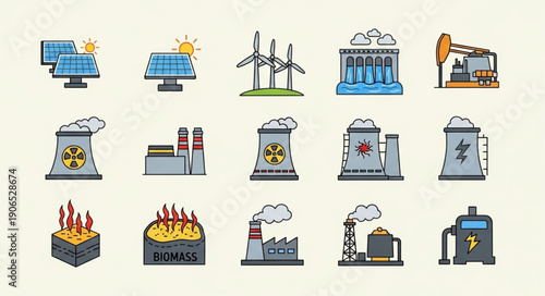 Collection of renewable and non-renewable energy sources icons.