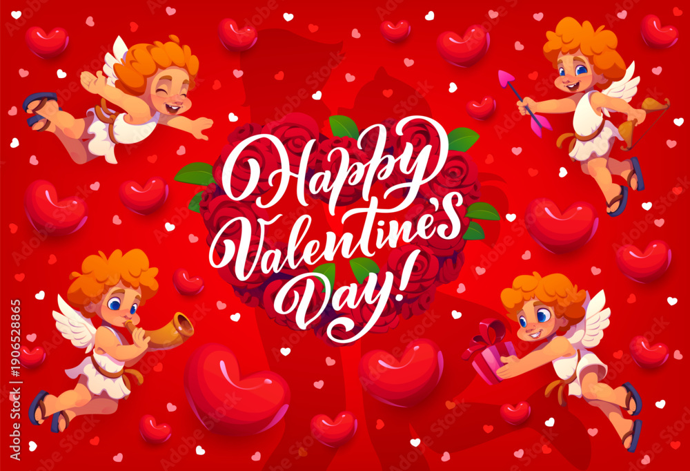 Naklejka premium Happy Valentine day banner with couple silhouette, cherub cupids and red hearts, symbolizing affection emotions, romance and celebration. Vector festive and heartfelt greeting card for loving pairs