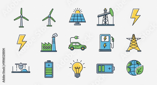 Collection of renewable and traditional energy source icons.