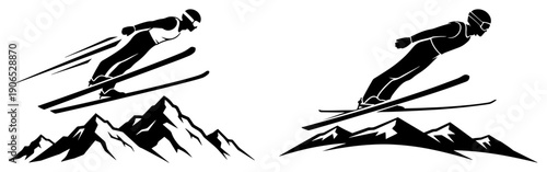 Ski jumpers soaring through the air above snowy mountain peaks silhouette vector illustration